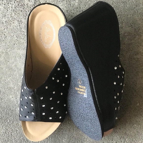 Italina Black Star Rhinestone Embellished Comfortable Chunky Platform Wedge Heel - Picture 8 of 9